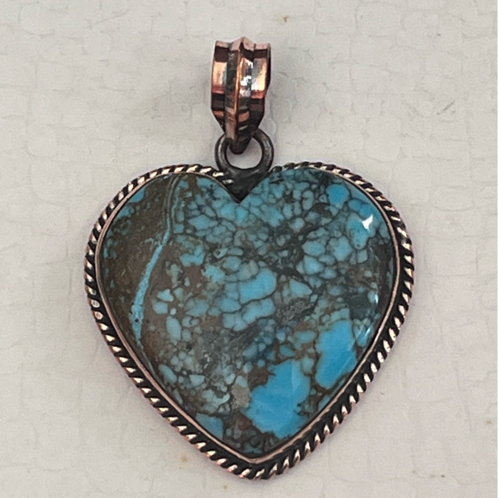 Southwestern Heart Turquoise Pendant Copper Rope Bezel Artisan Boho Statement
